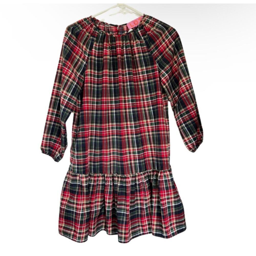 LDT Rachel Plaid Round Neck 3/4 Puff Sleeve Ruffled‎ Poof Swing Dress Size 2/S